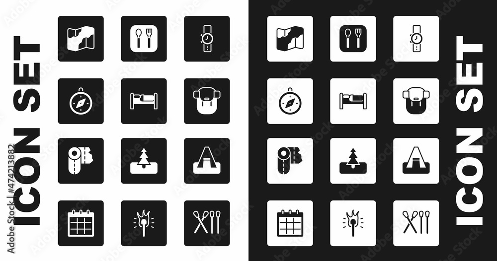 Set Wrist watch, Bed, Compass, Camping and hiking on map, Hiking backpack, Fork spoon, Tourist tent and Paper towel roll icon. Vector Set Wrist watch, Bed, Compass, Camping and hiking on map, Hiking backpack, Fork spoon, Tourist tent and Paper towel roll icon. Vector