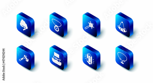 Set Necklace with gem, Mace spikes, Hunting horn, Gem stone, Viking ship Drakkar, Wooden axe and Cloud and lightning icon. Vector