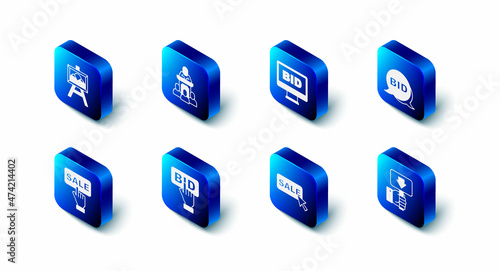 Set Auction auctioneer sells, Online, Bid, Hand holding paddle, Price tag with Sale, and painting icon. Vector