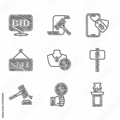 Set Auction jewelry sale, Hand holding auction paddle, ancient vase, hammer, Price tag with Sale, Online and Bid icon. Vector