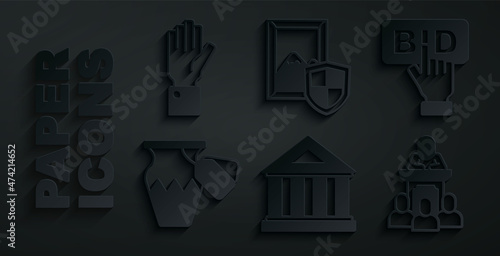 Set Museum building, Bid, Auction ancient vase, auctioneer sells, painting and Hand holding icon. Vector