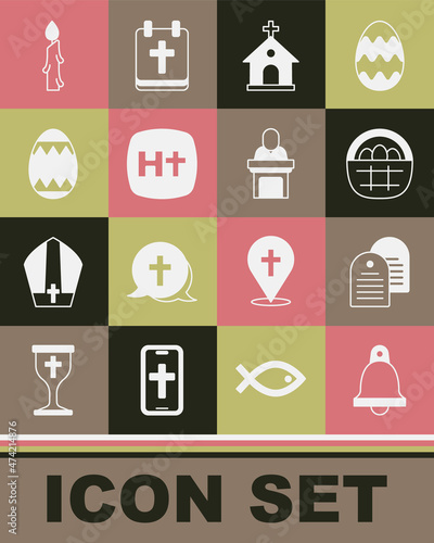 Set Church bell, Holy bible book, Basket with easter eggs, building, Christian cross, Easter, Burning candle and pastor preaching icon. Vector