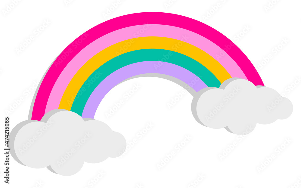 Rainbow of five colors, cartoon rainbow icon with clouds on a white background. Vector, cartoon illustration. Vector.