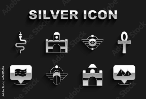 Set Egyptian Scarab, Cross ankh, pyramids, house, Flag Of, symbol Winged sun, Snake and icon. Vector
