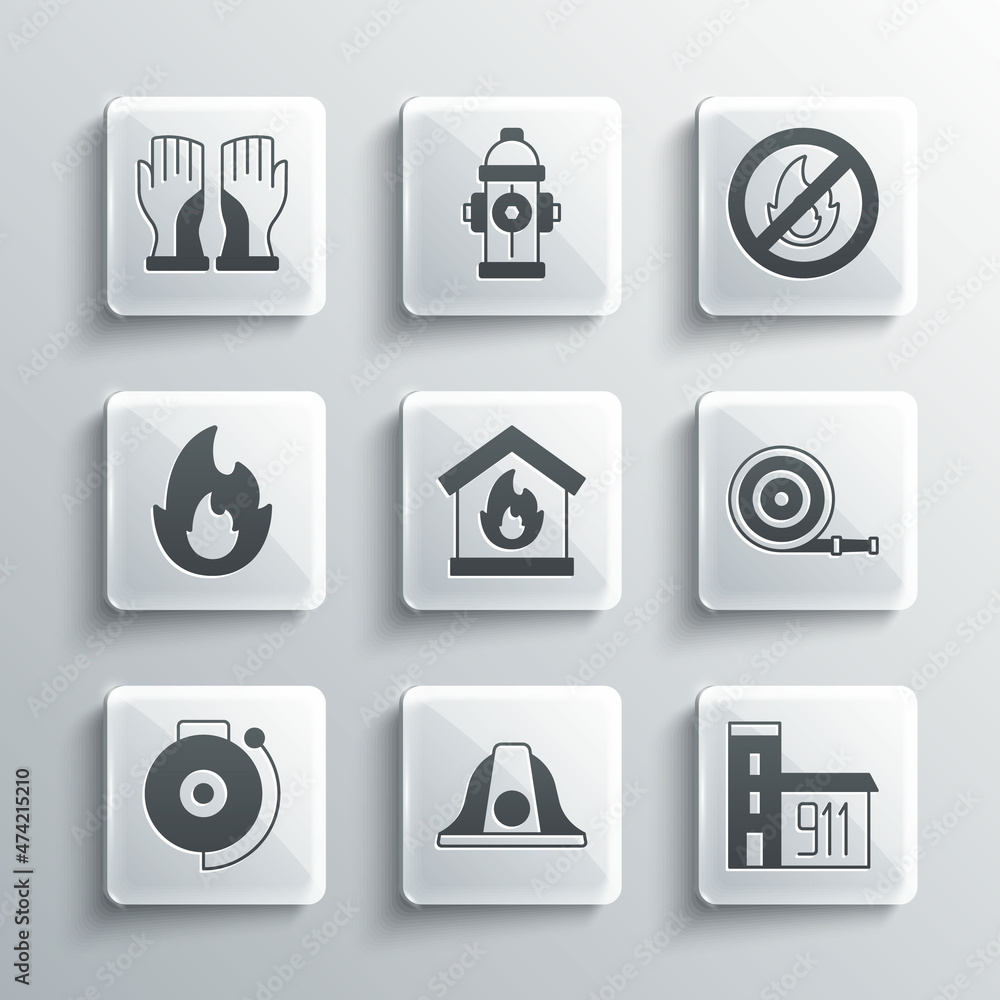 Set Firefighter helmet, Building of fire station, hose reel, burning house, Ringing alarm bell, flame, gloves and No icon. Vector Set Firefighter helmet, Building of fire station, hose reel, burning house, Ringing alarm bell, flame, gloves and No icon. Vector