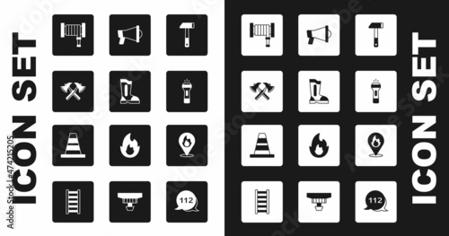 Set Hammer, Fire boots, Firefighter axe, hose reel, Flashlight, Megaphone, Location with fire flame and Traffic cone icon. Vector