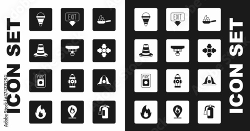 Set Pan with fire, Smoke alarm system, Traffic cone, Fire bucket, Firefighter, exit, helmet and icon. Vector