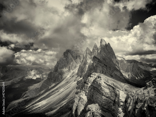 Black and white picture of dolomietes under cloudy sjy