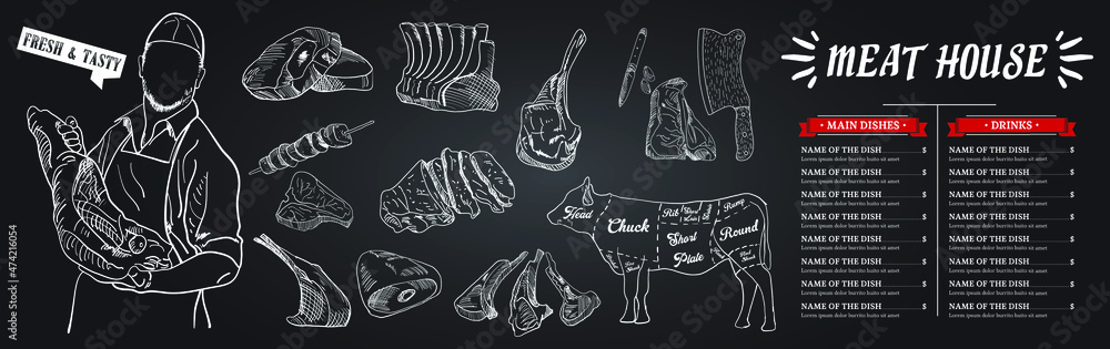 Vintage Butcher shop hand - drawn. Retro Menu Restaurant poster. Vector ...