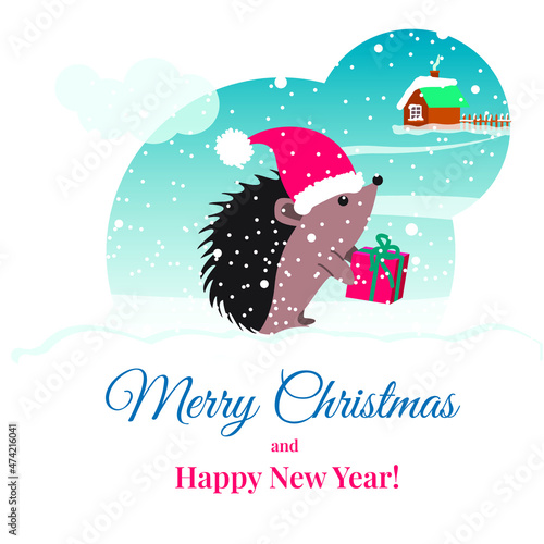 Hedgehog Holding a Red Gift Box. Christmas Greeting Card with a Hedgehog in Santa hat. Snowy countryside with cozy house, falling snow and an inscription: "Merry Christmas and Happy New Year!"  Eps 8