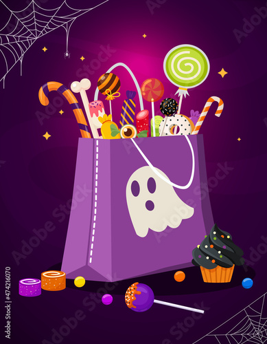Halloween bag is full of candies and treats