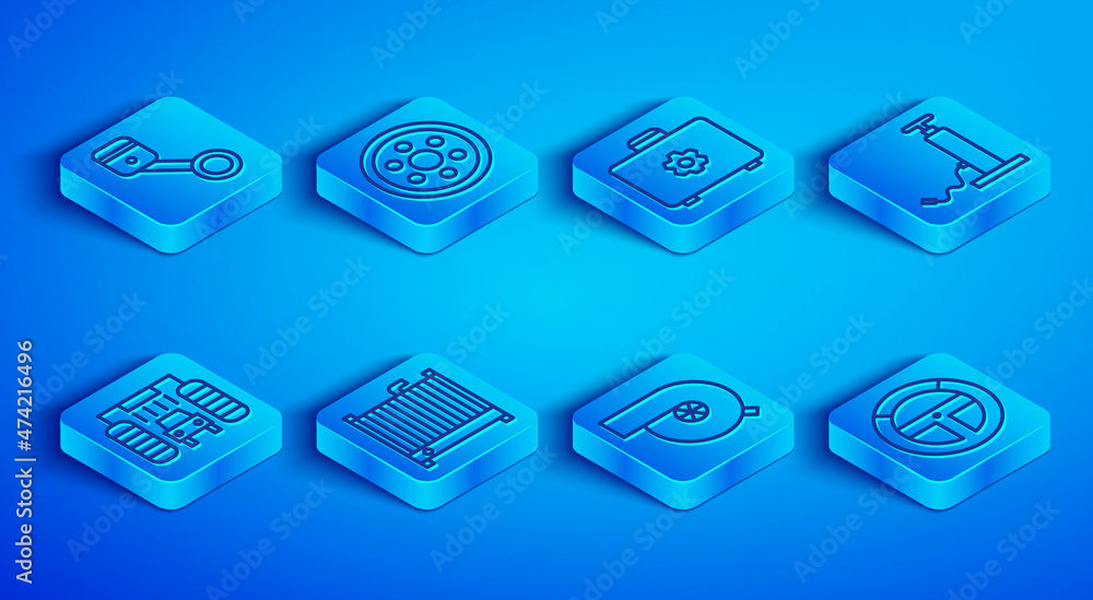 Set line Engine piston, Alloy wheel, Toolbox, Car radiator cooling system, Automotive turbocharger, air pump, wash and Steering icon. Vector Set line Engine piston, Alloy wheel, Toolbox, Car radiator cooling system, Automotive turbocharger, air pump, wash and Steering icon. Vector
