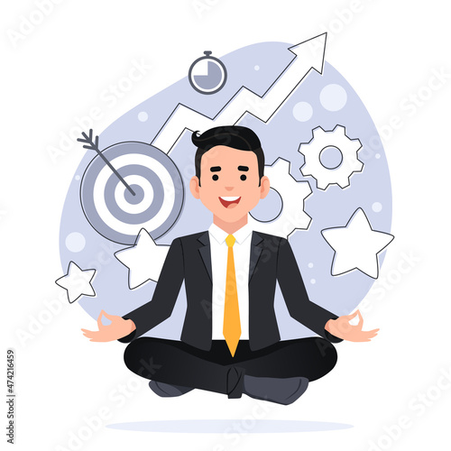 Businessman sitting in lotus pose. self management, time management, self discipline concept illustration. landing page template.