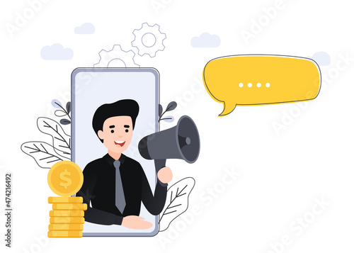 Refer a friend vector illustration concept, businessman shout on megaphone with refer a friend words, can be used for landing pages, template, ui, web, mobile app, poster banner or flyer.