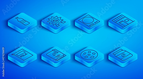 Set line Bottle of water, Medal for coffee, Electronic scales, Coffee book, Cookie biscuit, shop, Paper package milk and jar bottle icon. Vector