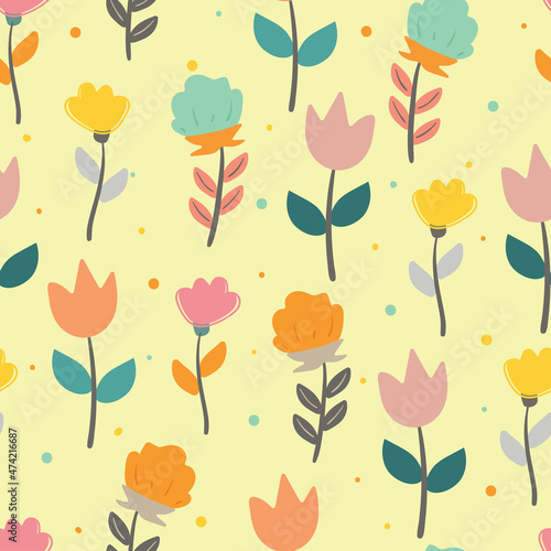 Seamless pattern cute cartoon of flowers and leaves. spring collection wallpaper  for fabric print and scarf