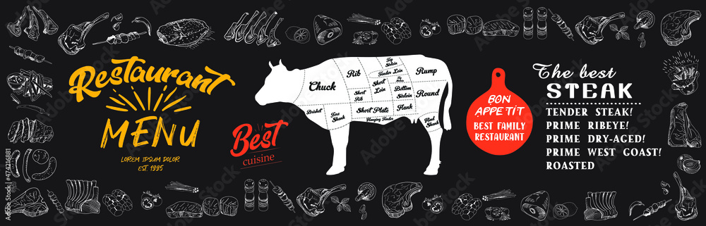 Vintage Butcher shop hand - drawn. Retro Menu Restaurant poster. Vector ...