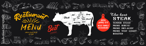 Vintage Butcher shop hand - drawn. Retro Menu Restaurant poster. Vector. Fresh meat products. Design element for poster, menu, flyer, banner, package.