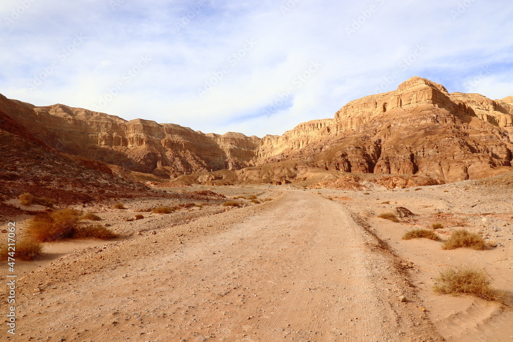 Timna Park in Israel. The road goes into the mountains.