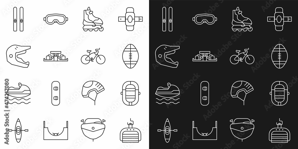 Set line Ski lift, Rafting boat, Rugby ball, Roller skate, Formula 1 racing car, Motocross motorcycle helmet, and sticks and Bicycle icon. Vector