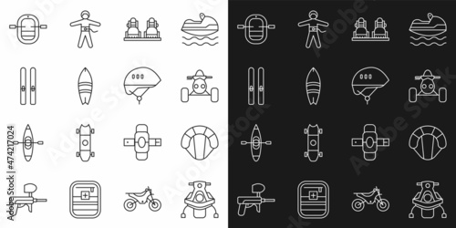 Set line Snowmobile, Parachute, ATV motorcycle, Snowboard, Surfboard, Ski and sticks, Rafting boat and Bicycle helmet icon. Vector