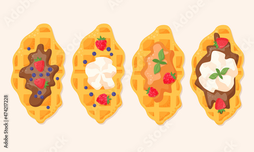 Set of croffle with different sweet topping. Baked croissant waffle menu. Flat vector illustration.