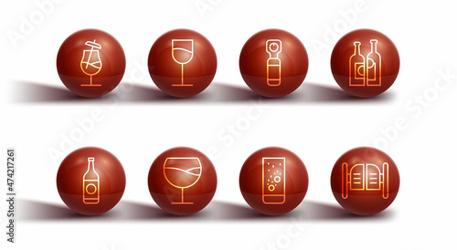 Set line Cocktail, Beer bottle, Bottles of wine, Effervescent tablets water, Wine glass, Saloon door and opener icon. Vector