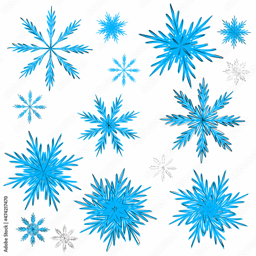 a set of blue snowflakes drawn by hand, flat illustration, black outline, design elements for decorating a greeting card or a Christmas post on a social network, vector graphics