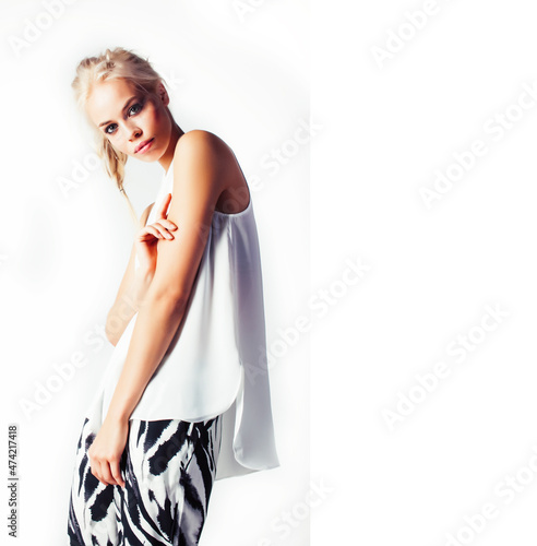 young pretty woman with blond hair on white background, sensual makeup, fashion sexy look, lifestyle people concept