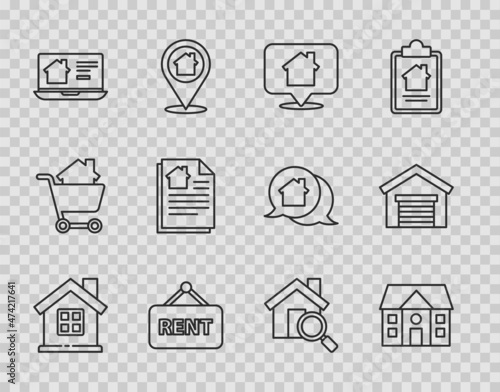 Set line House, Location with house, Hanging sign Rent, Online real estate, contract, Search and Garage icon. Vector