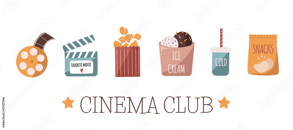 Set of hand drawn cinema icons in flat cartoon style, isolated vector illustration