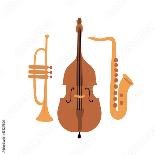 Hand drawn musical instruments, trumpet, contrabass and saxophone, isolated vector illustration in cartoon style