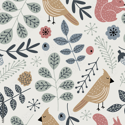 Hand drawn vector seamless pattern with birds and squirrels in flowers in Scandinavian style