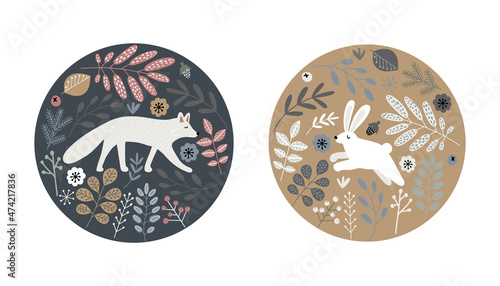 Two hand drawn circle icons with wild white fox and hare in forest leaves and branches in Scandinavian style isolated vector illustrations