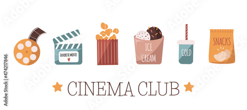 Set of hand drawn cinema icons in flat cartoon style, isolated vector illustration