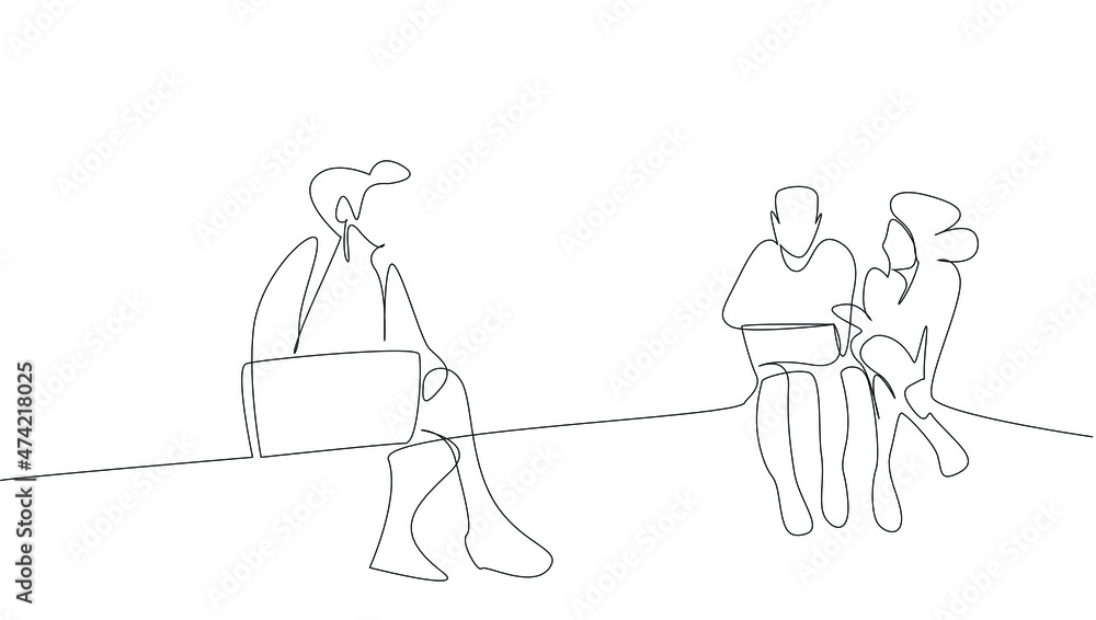 a workgroup are talking on the laptop in their hands. University students are doing teamwork together online. Intra-company collaboration concept. a workgroup are talking on the laptop in their hands. University students are doing teamwork together online. Intra-company collaboration concept.