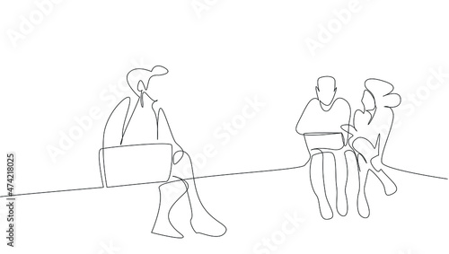 a workgroup are talking on the laptop in their hands. University students are doing teamwork together online. Intra-company collaboration concept.