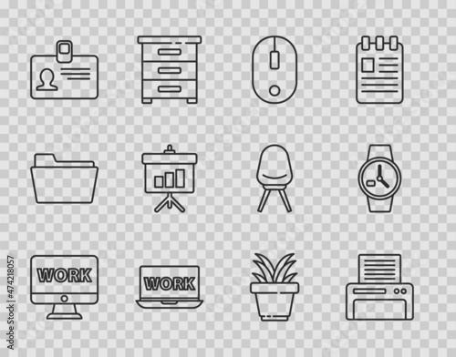 Set line Monitor with text work, Printer, Computer mouse, Laptop, Identification badge, Chalkboard diagram, Plant pot and Wrist watch icon. Vector