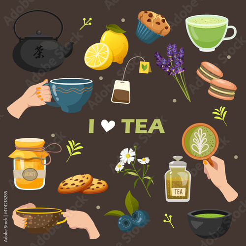 Set of tea time elements collection. Teapots, hand-drawn cups. Sweets, cookies, honey, lemon, lavender, etc. Vector illustration.