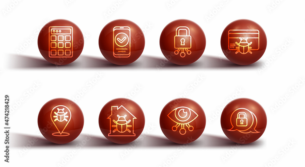 Set line Password protection, System bug, in credit card, Eye scan, House system, Smartphone, Cyber security and icon. Vector Set line Password protection, System bug, in credit card, Eye scan, House system, Smartphone, Cyber security and icon. Vector