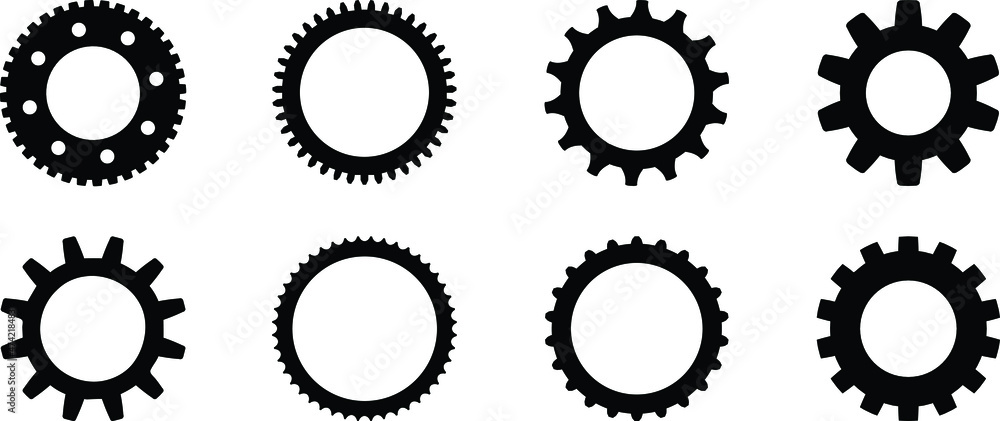 Gear setting icon set. Isolated black gears and cogwheel symbol. Group of gears isolated on white background. Cog icon design