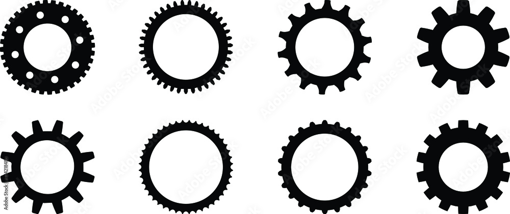 Gear setting icon set. Isolated black gears and cogwheel symbol. Group of gears isolated on white background. Cog icon design Gear setting icon set. Isolated black gears and cogwheel symbol. Group of gears isolated on white background. Cog icon design