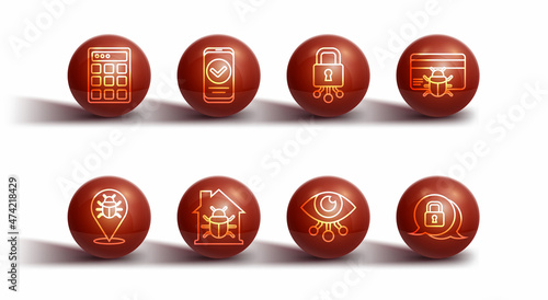 Set line Password protection, System bug, in credit card, Eye scan, House system, Smartphone, Cyber security and icon. Vector