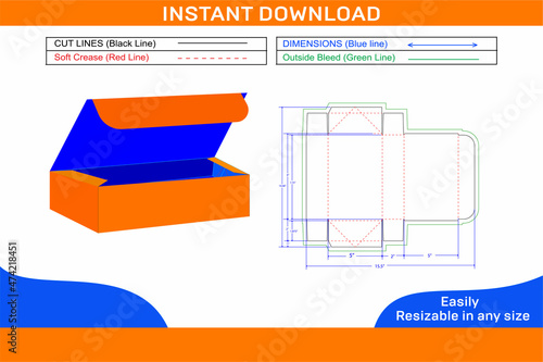 4 corner collapsible tray top tuck box dieline template and 3D box design color changeable and editable Box die line 