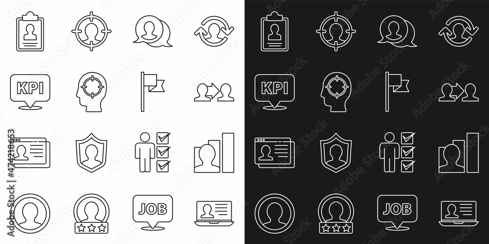 Set line Laptop with resume, Productive human, Project team base, Speech bubble chat, Head hunting, Key performance indicator, Clipboard and Location marker icon. Vector