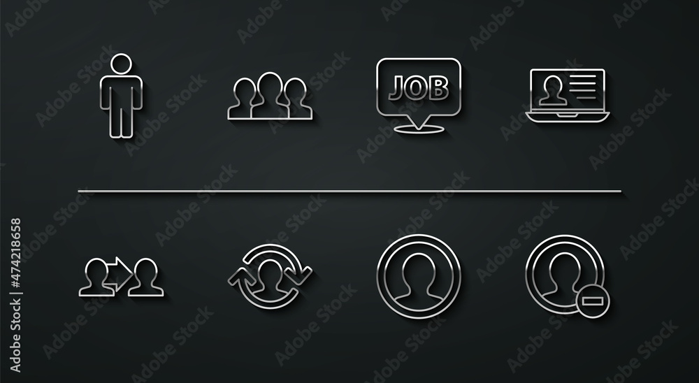 Set line User of man, Project team base, Laptop with resume, Create account screen, Human resources, Users group, and Speech bubble job icon. Vector Set line User of man, Project team base, Laptop with resume, Create account screen, Human resources, Users group, and Speech bubble job icon. Vector