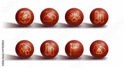 Set line Compass, Cloud with rain, Meteorology thermometer, Cone windsock wind vane, Storm warning and Sunrise icon. Vector