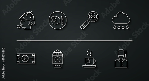 Set line Sherlock Holmes, Pound sterling money, Cloud with rain, Cup of tea tea bag, Big Ben tower, British breakfast, soldier and Magnifying glass icon. Vector