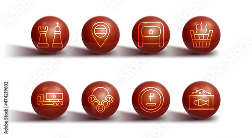 Set line Chess, Tanker truck, Sauna bucket, Rouble, ruble currency, Russian bagels, Location, Tin can with caviar and Ushanka icon. Vector