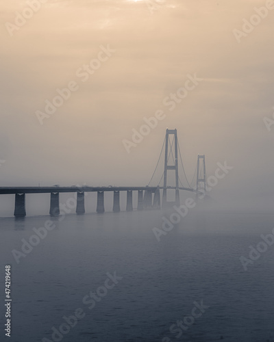 Storebealt Bridge in the mist, in Denmark between Nyborg and Korsor.